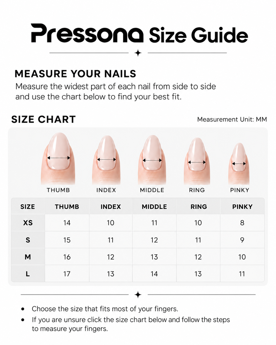 Pressona nail size chart with nail-width measurements in millimeters