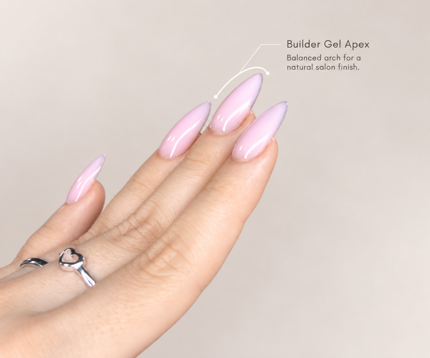 Builder gel apex illustrated on pink nails from the front