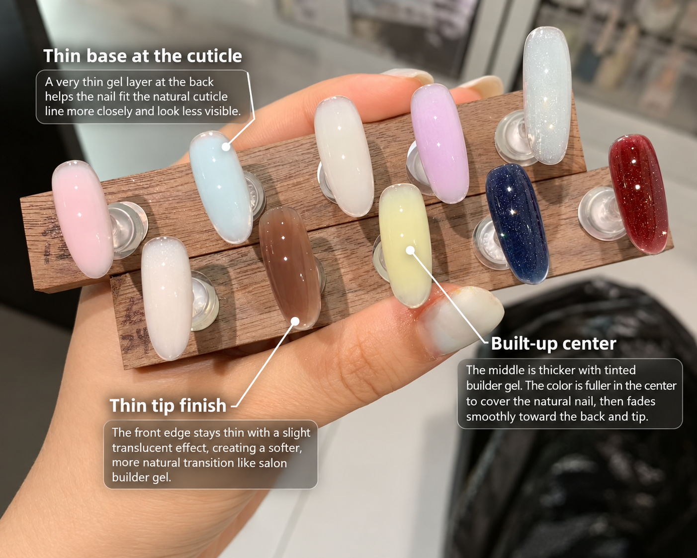 Our technique: thin cuticle edge, built-up center, and thin translucent tip