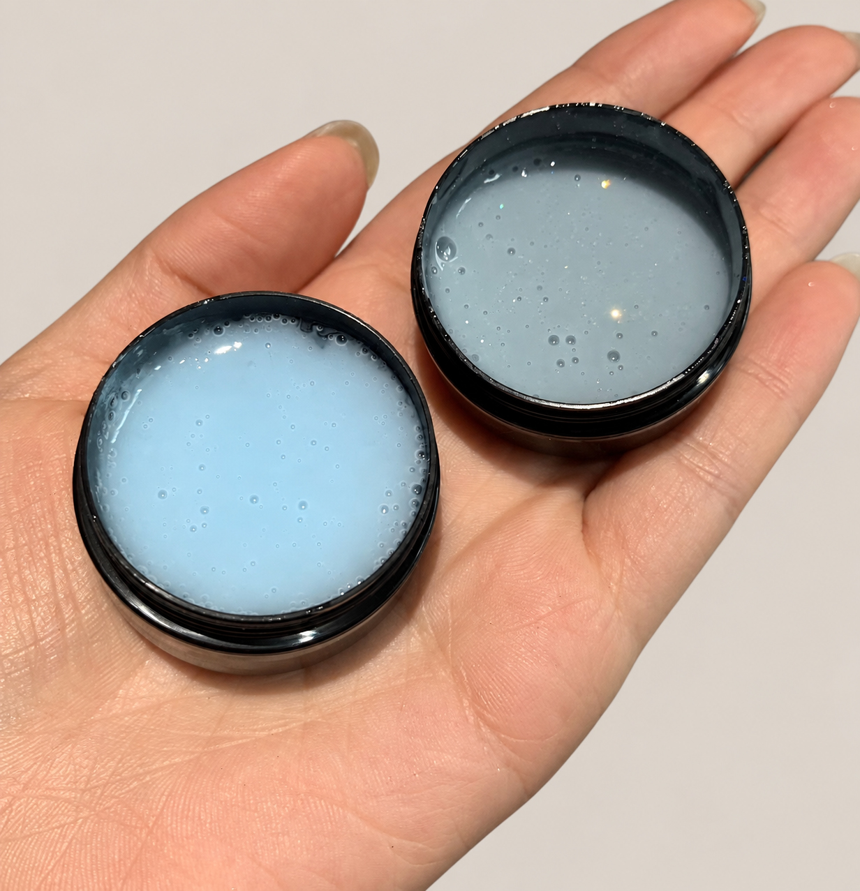 Blue and shimmer custom-mixed builder gels