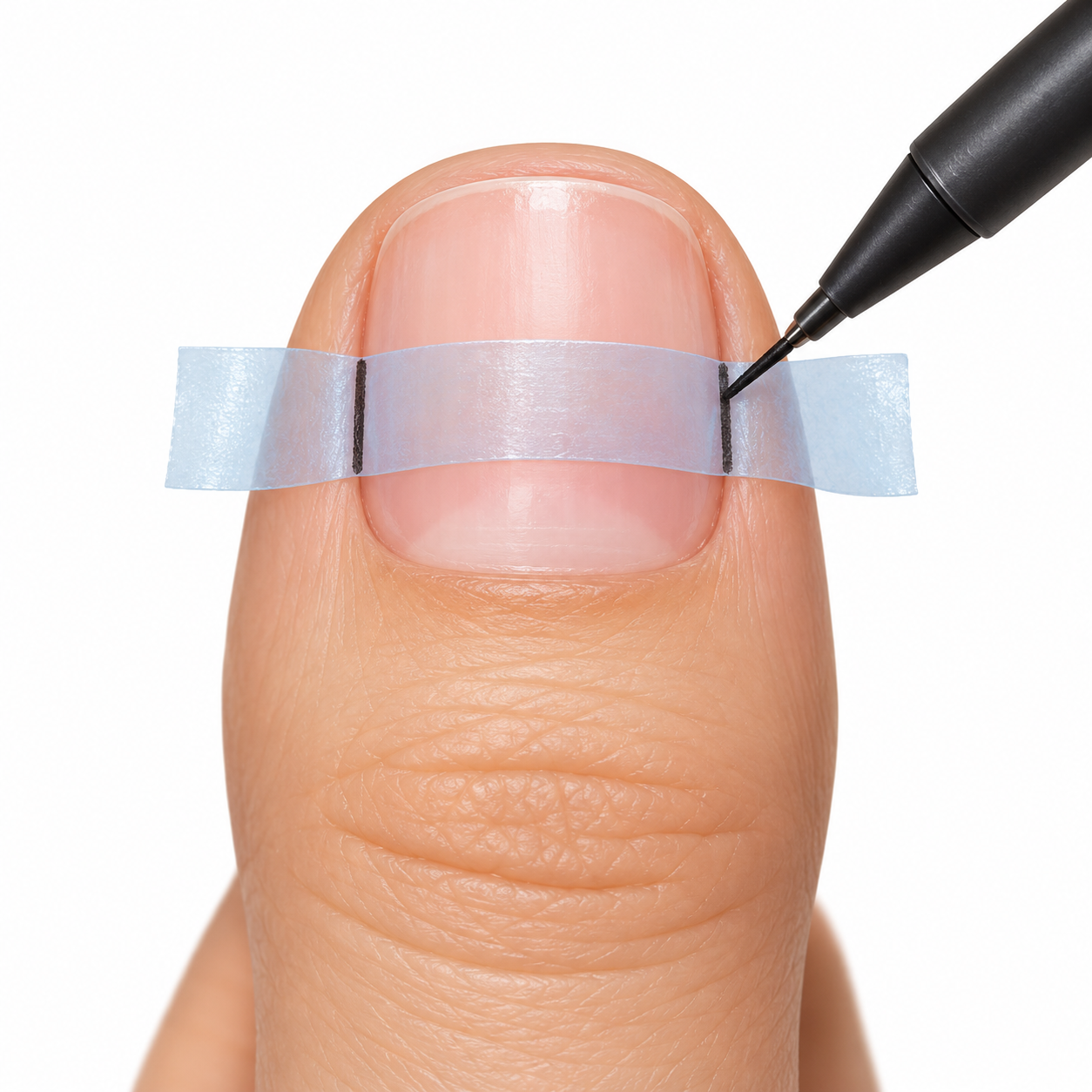 Two marks on the tape show where the nail meets the skin at its left and right edges.