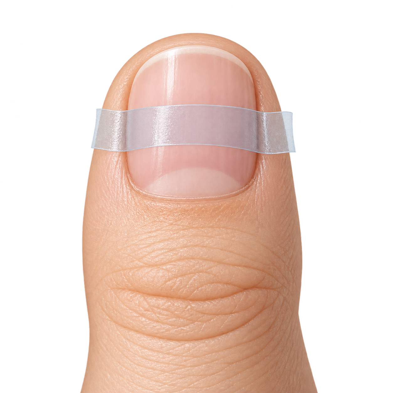 Clear tape follows the curve across the widest part of a clean, bare nail.